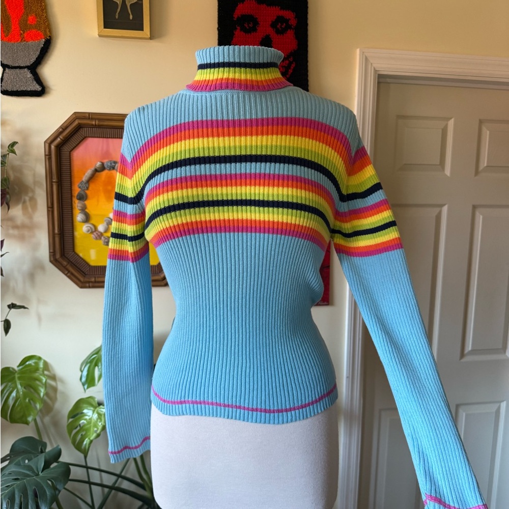 vintage Colorful Striped Turtleneck Cotton Sweater